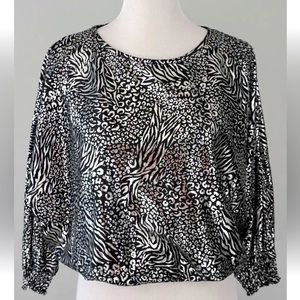 SILVER Metallic party SHIRT DISCO 70s dance Elastic Waist animal Print Bat Wings